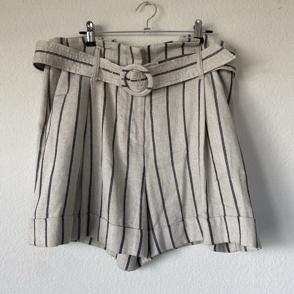 Womens Worthington High Waisted Shorts Size 12 Linen Blend Striped Belted Summer